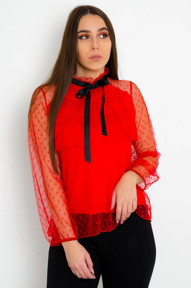 CZERWONA TIULOWA BLUZKA W KROPKI Z WIĄZANIEM