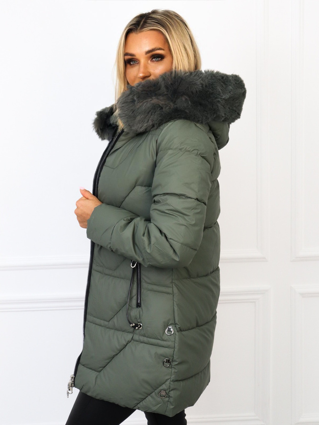 KURTKA PIKOWANA Z FUTERKIEM NA KAPTURZE- ZIELONA