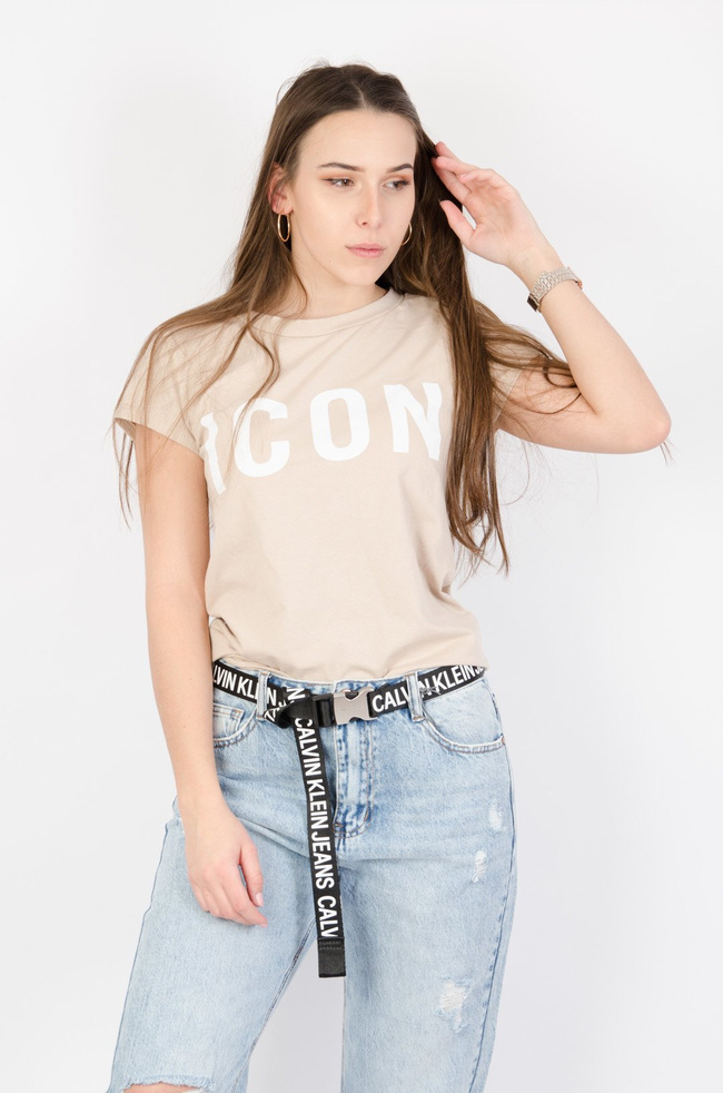 Beżowy t-shirt z napisem Icon