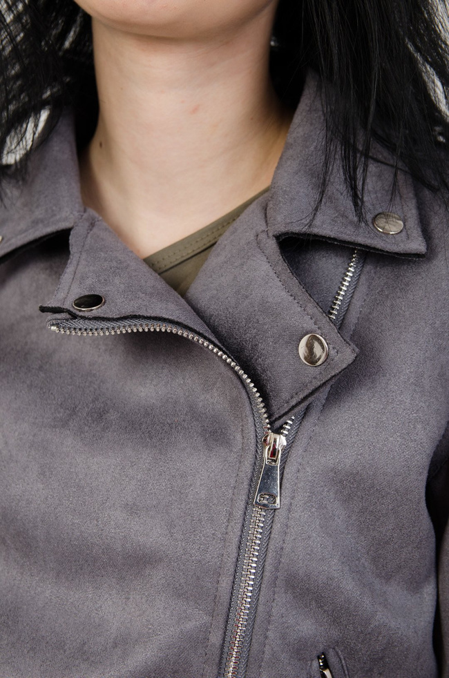 Szara zamszowa kurtka z paskiem na dole