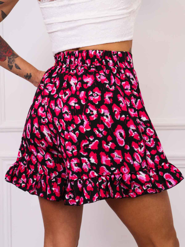 SPÓDNICO-SPODENKI W PANTERKĘ Z FALBANAMI I WIĄZANIEM W PASIE- FUKSJA