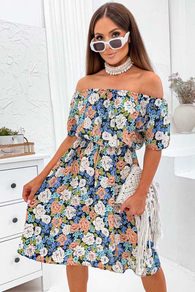 SUKIENKA W KWIATY Z GUMKĄ W PASIE- GRANATOWA