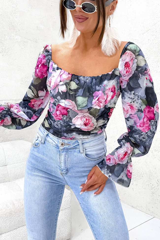 BLUZKA HISZPANKA W KWIATY-CZARNA