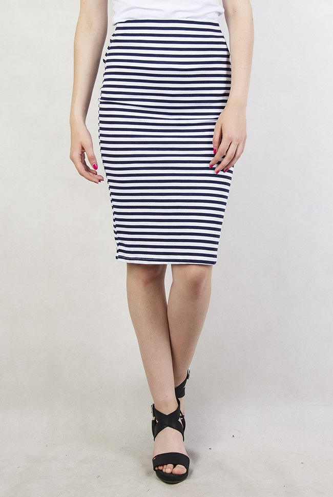 Biało-granatowa spódnica w cienkie paski