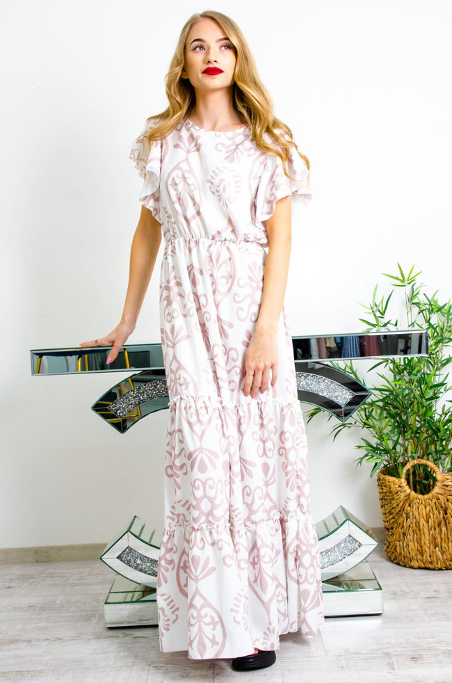 DŁUGA BIAŁO-BEŻOWA SUKIENKA MAXI