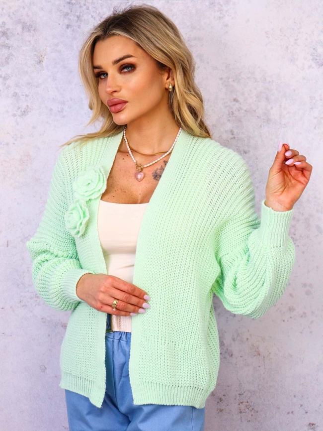 KRÓTKI KARDIGAN Z PRZYPINANYMI KWIATAMI- ZIELONY