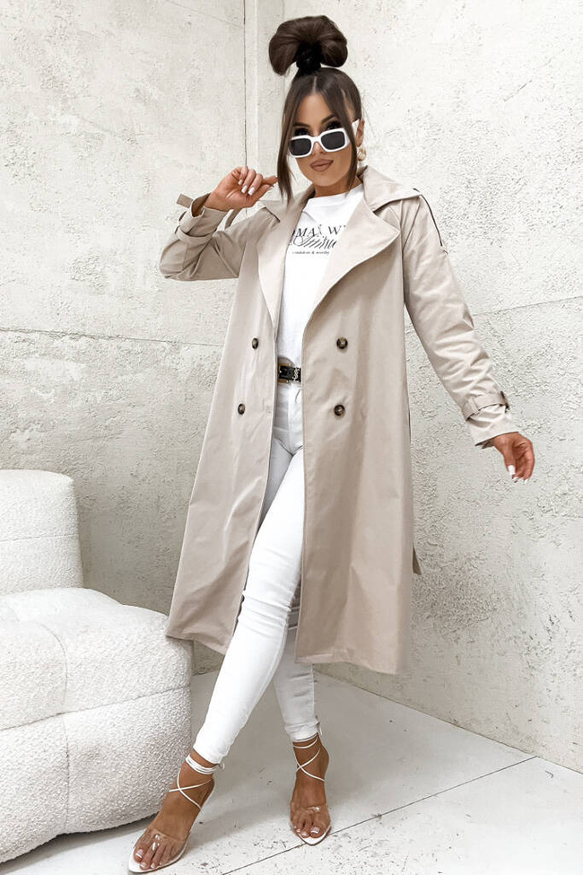 DŁUGI PŁASZCZ TRENCZ WIĄZANY W PASIE- BEŻOWY