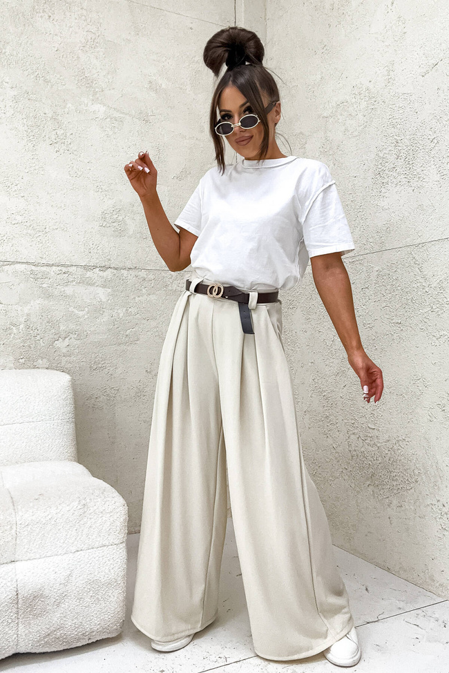 SZEROKIE SPODNIE ONESIZE Z WYSOKIM STANEM I PASKIEM- BEŻOWE