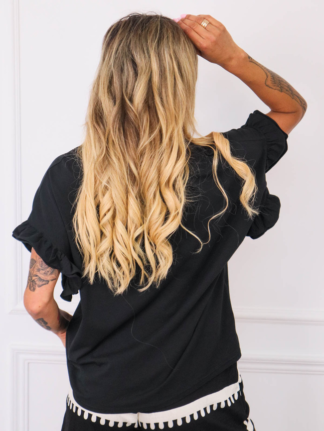 T-SHIRT OVERSIZE Z FALBANAMI NA RĘKAWACH- CZARNY