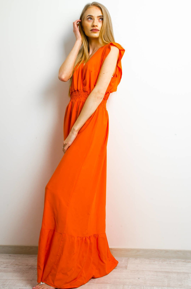 DŁUGA POMARAŃCZOWA SUKIENKA Z KOPERTOWYM DEKOLTEM