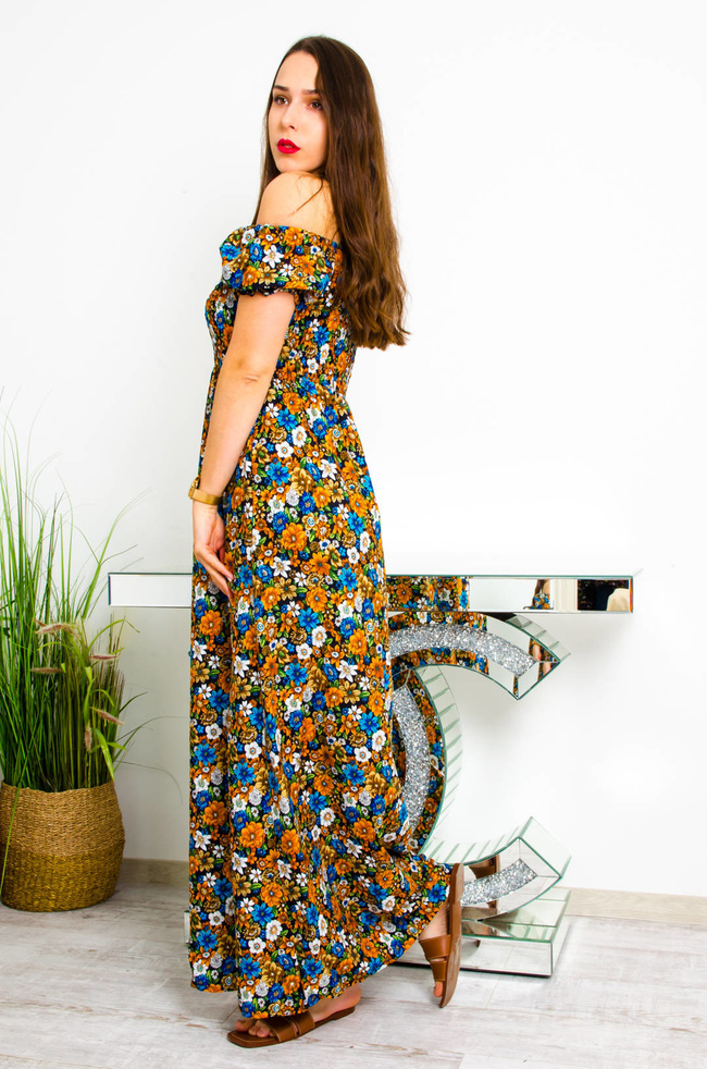 CZARNO-POMARAŃCZOWA DŁUGA SUKIENKA HISZPANKA W KWIATY 
