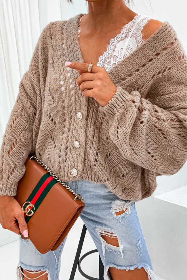 LUŹNY SWETER ROZPINANY ZE ZŁOTYMI GUZIKAMI- BRĄZOWY