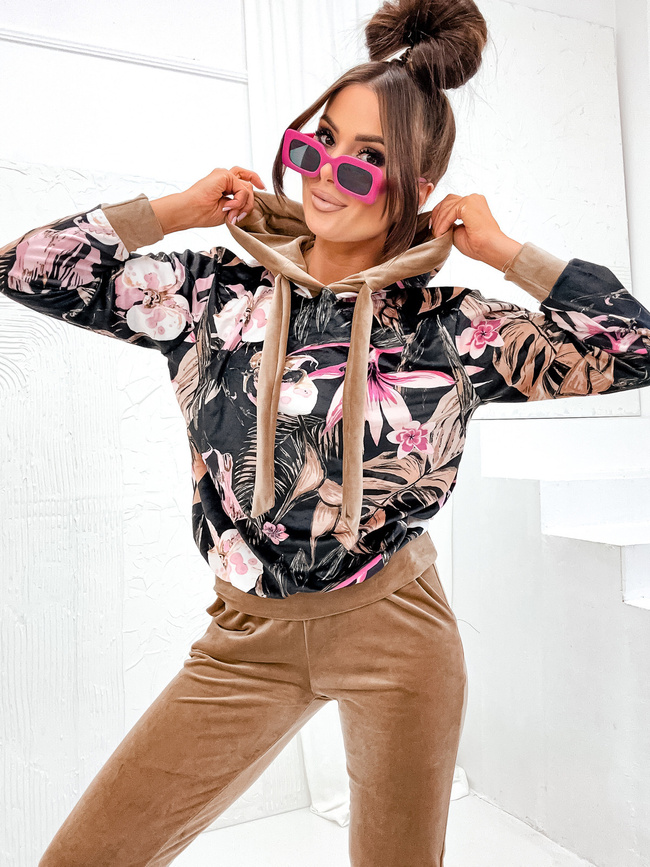 WELUROWY KOMPLET DRESOWY W KWIATY- BRĄZOWY