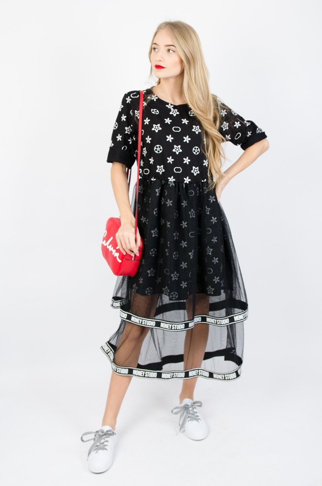 CZARNA SUKIENKA DZIANINOWA Z TIULEM