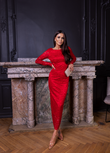 KORONKOWA SUKIENKA MAXI Z WYCIĘCIEM Z TYŁU- CZERWONA