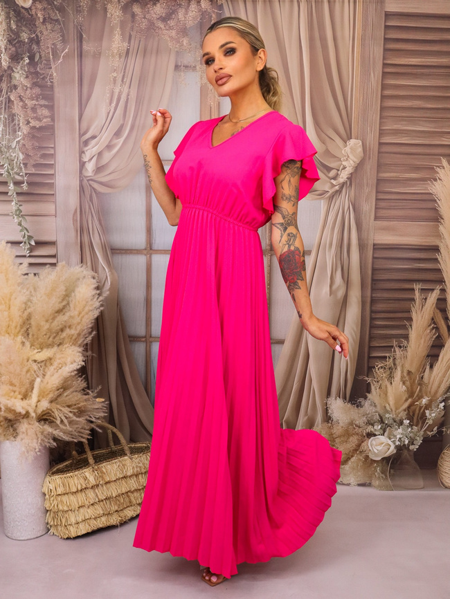 SUKIENKA MAXI PLISOWANA Z FALBANAMI PRZY RĘKAWACH- FUKSJA