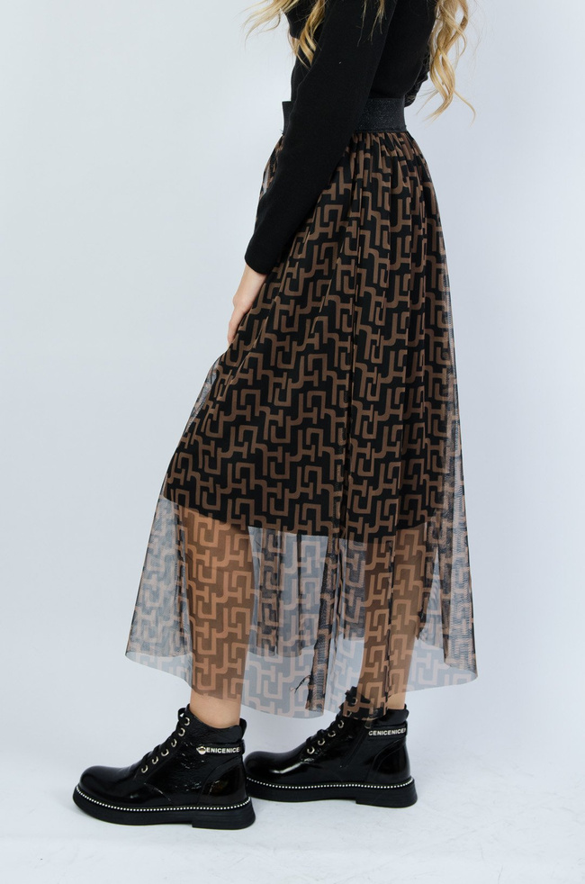 Czarna warstwowa spódnica z tiulu w brązowe wzory