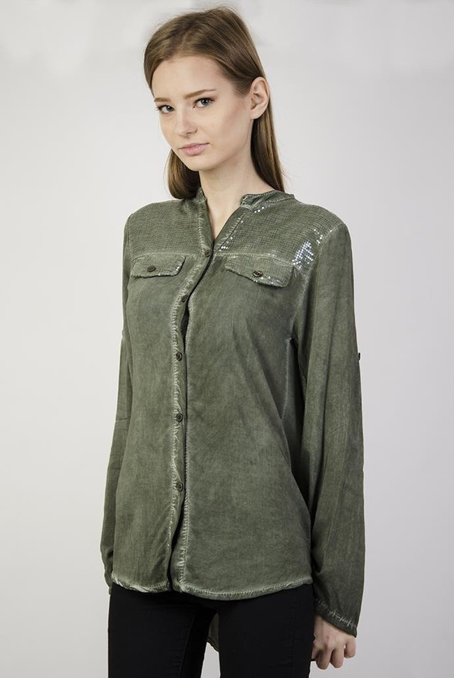 Koszula asymetryczna mgiełka khaki z cekinami