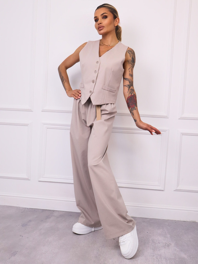 KOMPLET KAMIZELKA+ SPODNIE Z SZEROKIMI NOGAWKAMI I PASKIEM- BEŻOWY