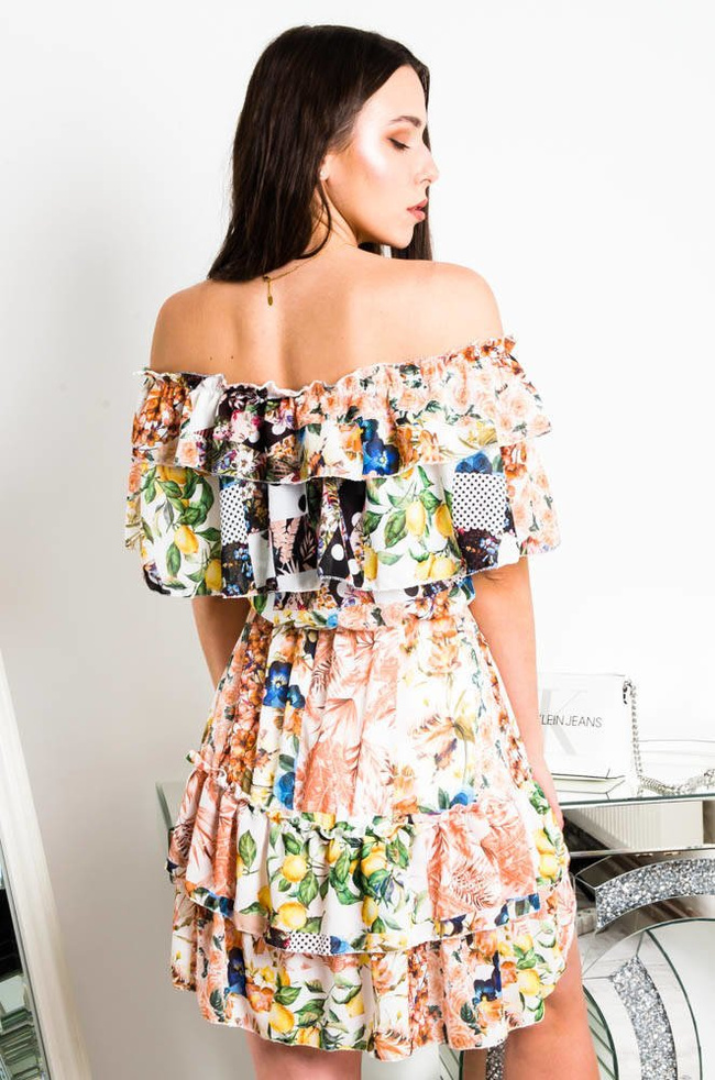 BIAŁA SUKIENKA HISZPANKA W KWIATOWO-OWOCOWY MOTYW