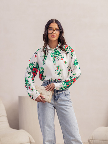 KOSZULA ZAPINANA NA GUZIKI W KWIECISTY WZÓR- BIAŁA