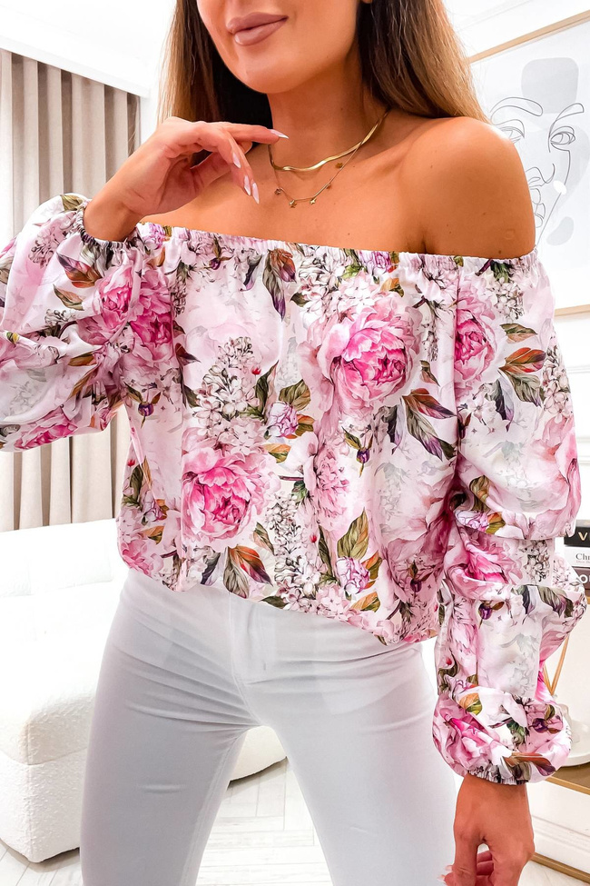 BLUZKA HISZPANKA W KWIATY Z MARSZCZONYMI RĘKAWAMI- RÓŻOWA
