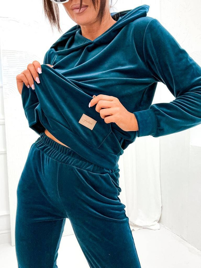 WELUROWY KOMPLET DRESOWY SPODNIE+ BLUZA Z KAPTUREM- MORSKI