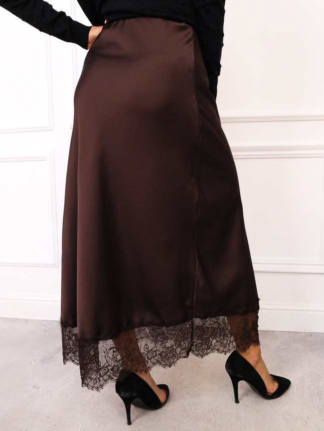 SPÓDNICA SATYNOWA MAXI ZAKOŃCZONA KORONKĄ- CZEKOLADOWA