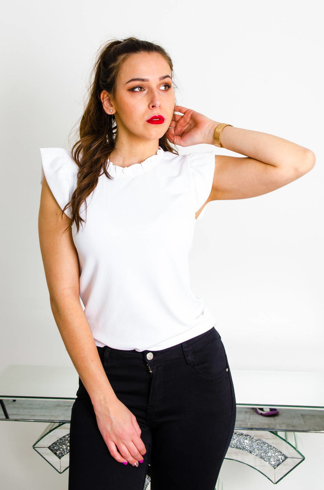 BIAŁA PRĄŻKOWANA BLUZKA Z FALBANKĄ PRZY SZYI I RĘKAWACH