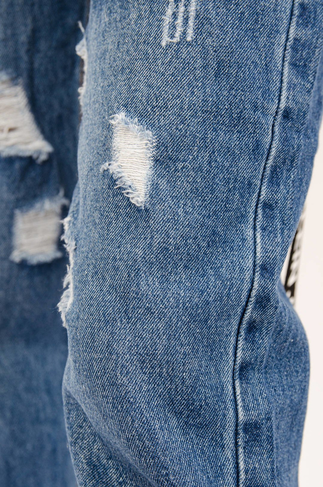 CIEMNE SPODNIE JEANSOWE MOM FIT Z PRZETARCIAMI- WYSOKI STAN