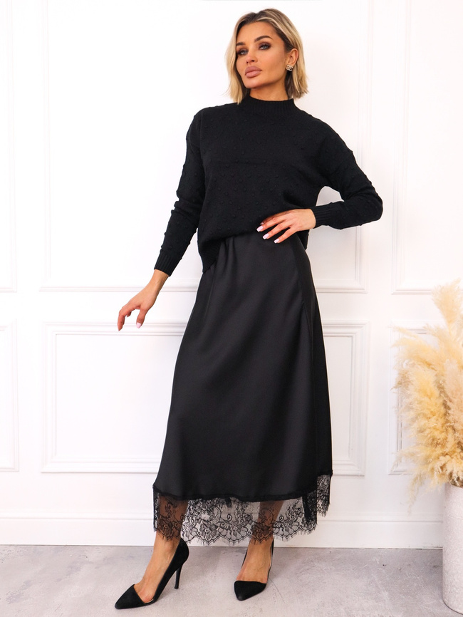 SPÓDNICA SATYNOWA MAXI ZAKOŃCZONA KORONKĄ- CZARNA