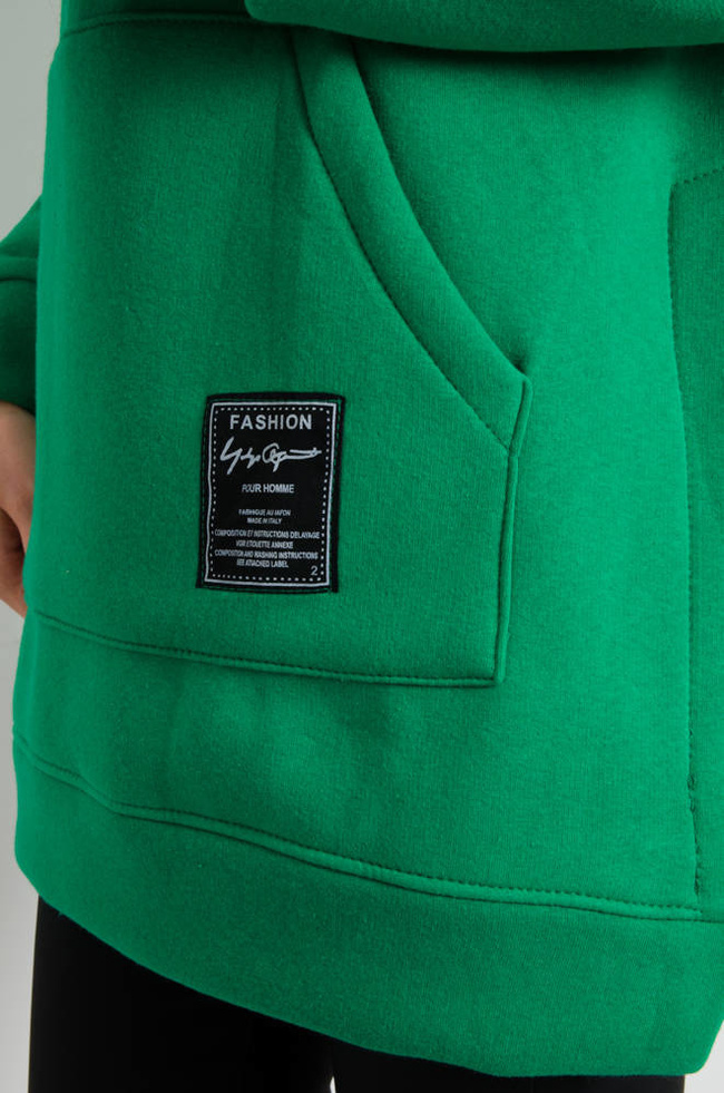 BLUZA OVERSIZE Z ROZCIĘCIAMI PO BOKACH I OZDOBNĄ NASZYWKĄ- ZIELONA