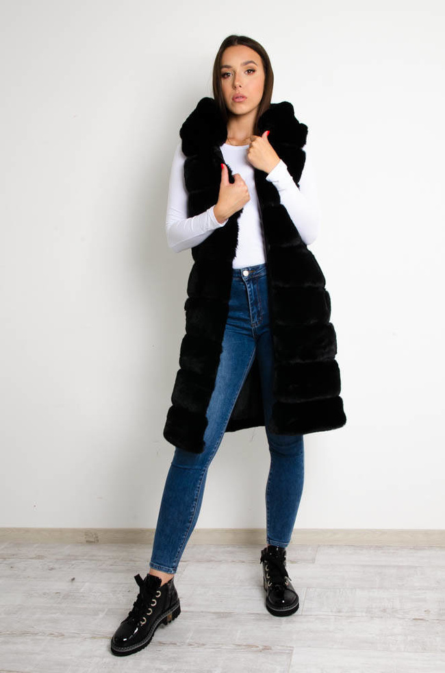 DŁUGA CZARNA FUTRZANA KAMIZELKA Z KAPTUREM