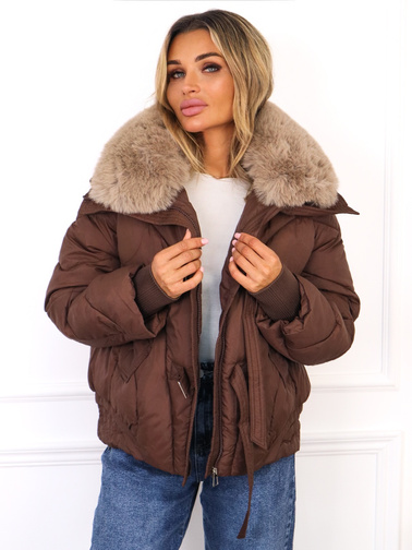KURTKA Z FUTERKIEM NA KOŁNIERZU- CZEKOLADOWA