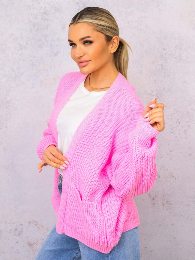 NARZUTA KARDIGAN DZIANINOWY Z KIESZENIAMI- CIEMNORÓŻOWY