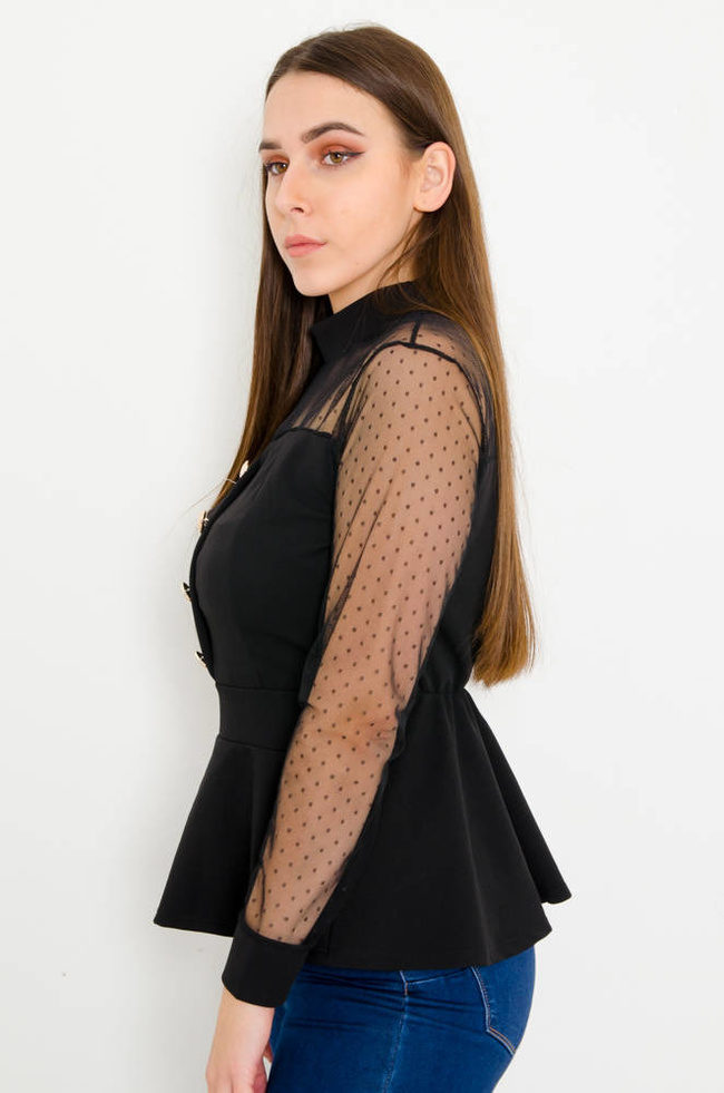 CZARNA ELEGANCKA BLUZKA BASKINKA Z OZDOBNYMI GUZIKAMI