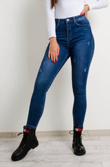 CIEMNE SPODNIE JEANSOWE Z PRZETARCIAMI-WYSOKI STAN