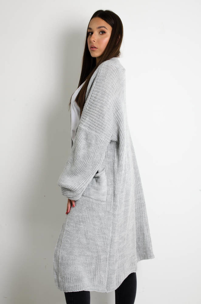 SZARY DŁUGI SWETER KARDIGAN Z SZEROKIMI RĘKAWAMI