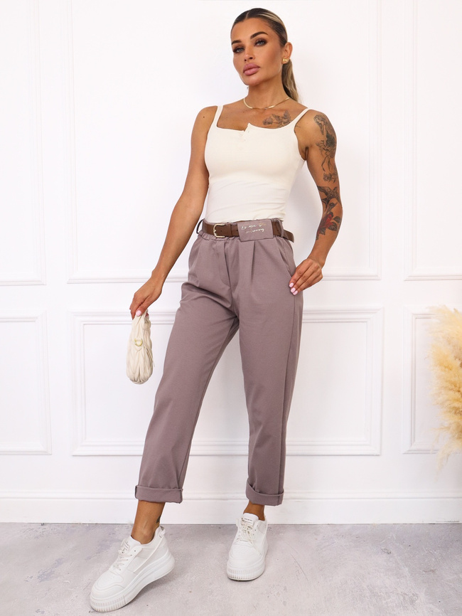 SPODNIE MATERIAŁOWE Z NASZYWKĄ+ PASEK- CAPPUCCINO