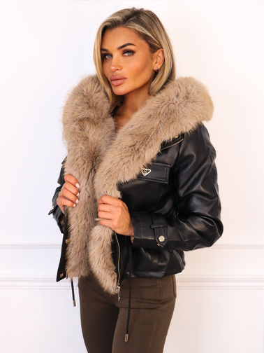 KURTKA Z EKOSKÓRY Z KIESZENIAMI I FUTERKIEM- CZARNA