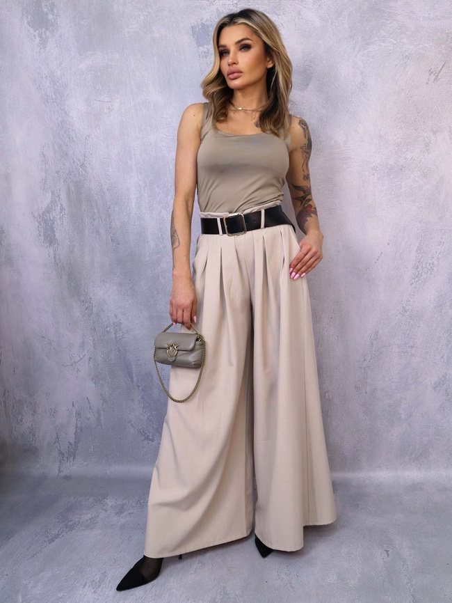 BEŻOWE ELEGANCKIE SPODNIE Z SZEROKIMI NOGAWKAMI+ PASEK