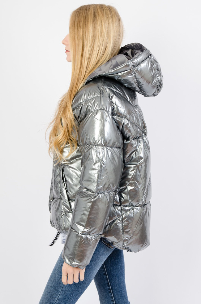 Szara metaliczna kurtka z pikowaniem