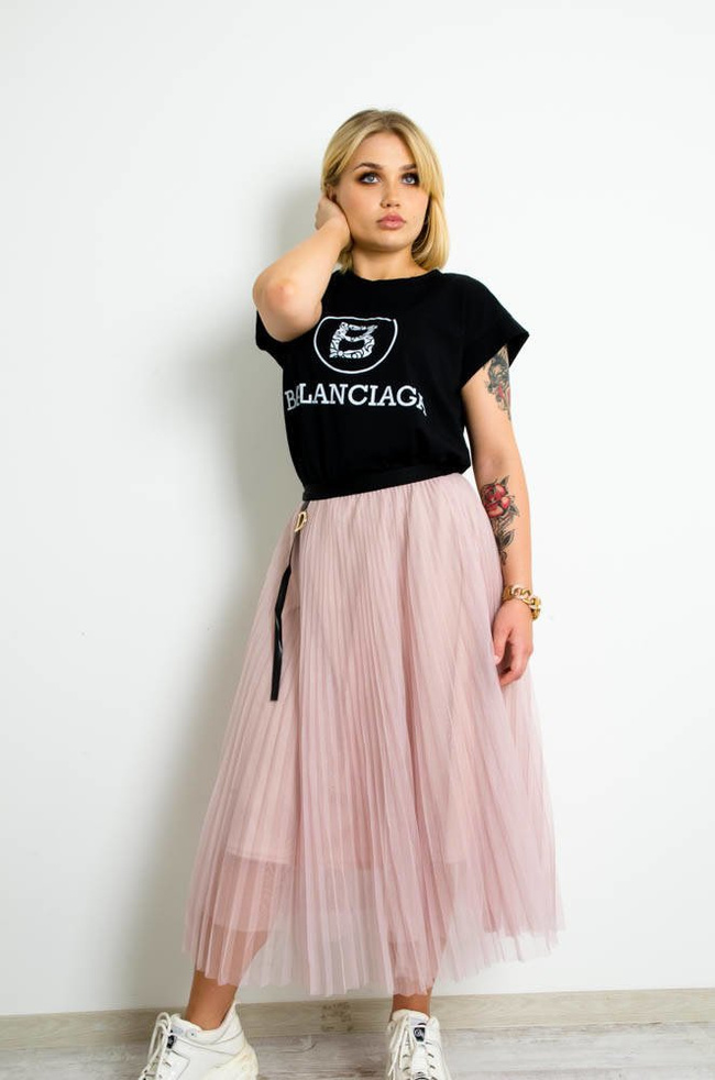 RÓŻOWA PLISOWANA SPÓDNICA MIDI Z TIULU