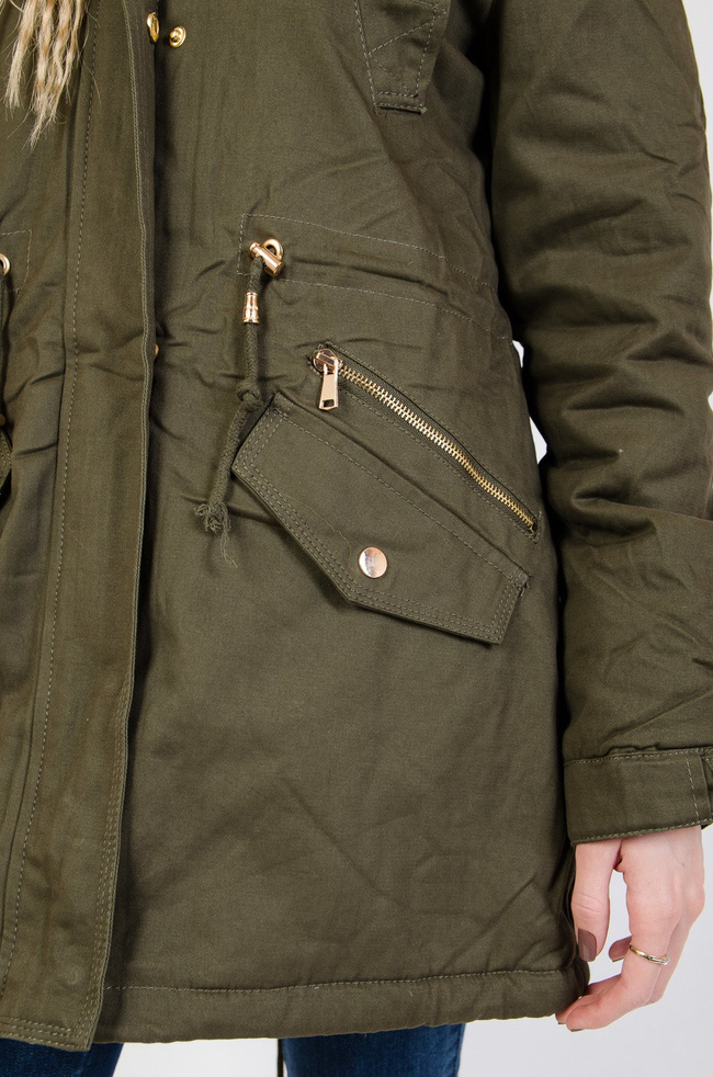 Zielona asymetryczna kurtka ze ściągaczem w pasie