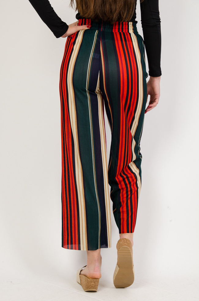 Granatowo-czerwone spodnie w paski z szeroką nogawką