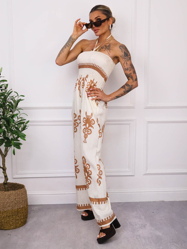 KOMBINEZON WZORZYSTY BEZ RAMIĄCZEK- BEŻOWY