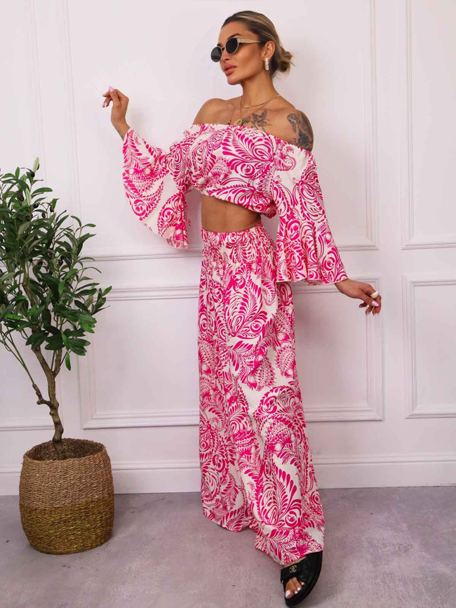 KOMPLET WZORZYSTY TOP+ SPODNIE- FUKSJA