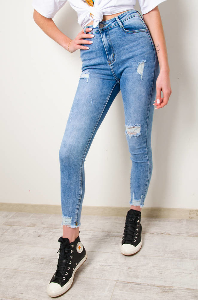 JASNE SPODNIE JEANSOWE Z PRZETARCIAMI-WYSOKI STAN