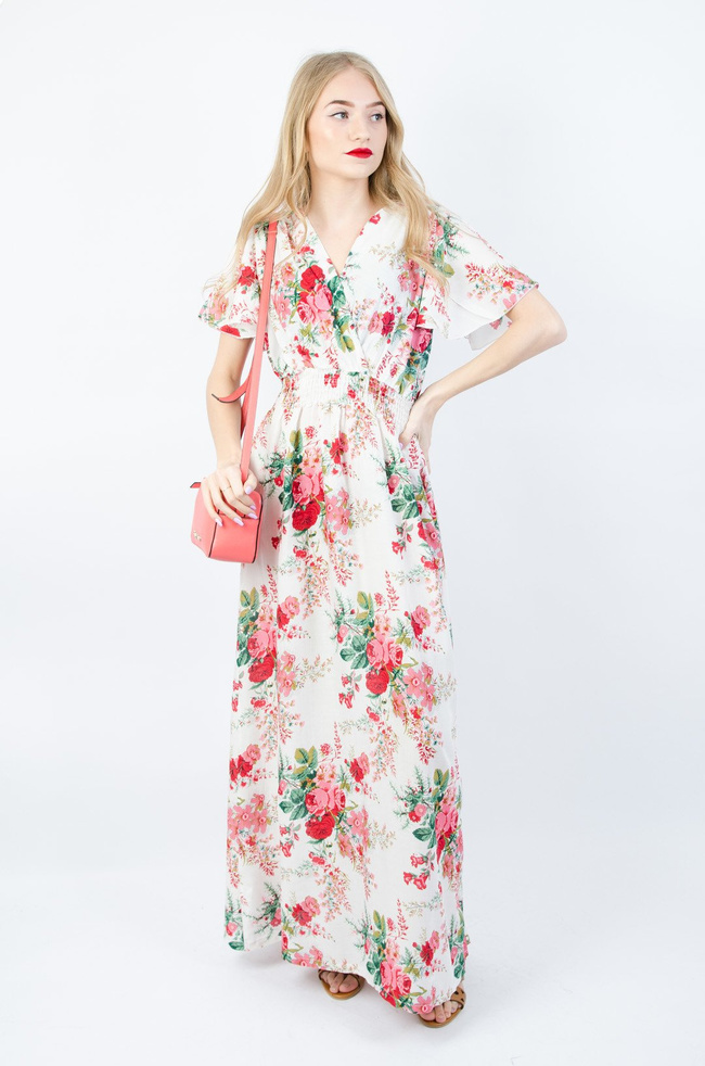 Biała długa sukienka w kwiaty z gumą w pasie