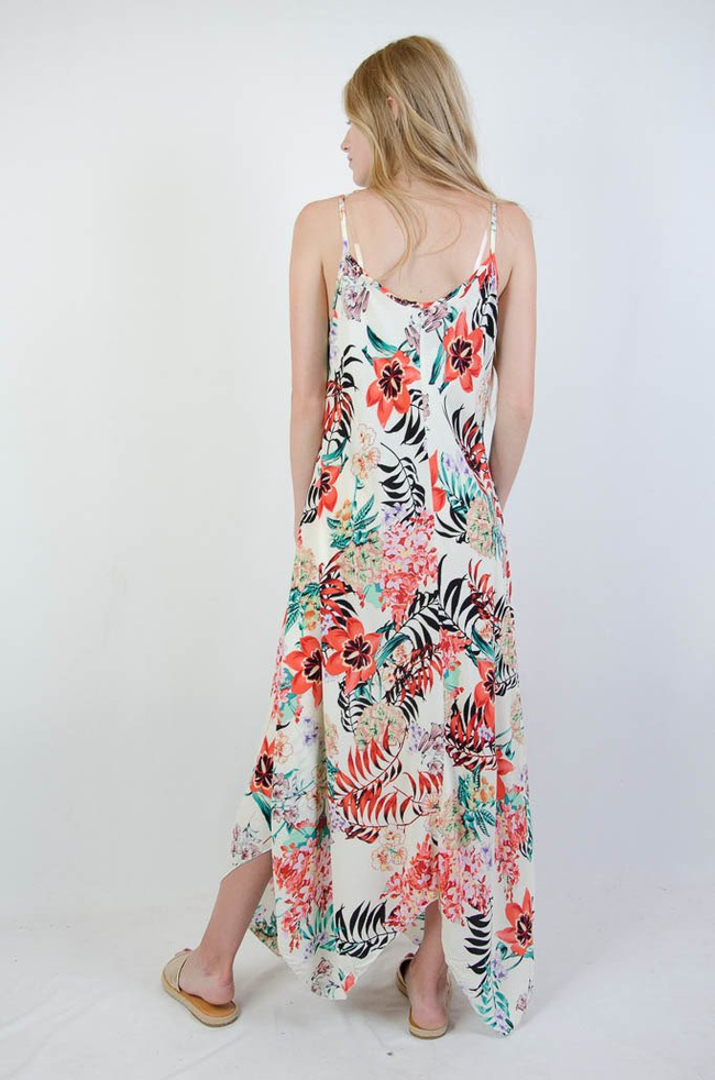 KREMOWA ASYMETRYCZNA SUKIENKA W KWIATY Z DEKOLTEM W SEREK